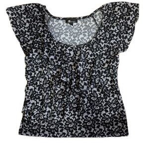 Women’s Small AB Studio Black & White Floral Print Layered Ruffled Stretchy Top